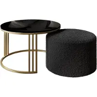 Lookway Couchtisch mit Hocker LORI Hochglanz Gold gebürstet/Schwarz glänzend, Coral 60