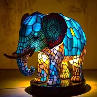 Slyrun Elefant Lampe, Elefantlampe Mosaik, Nachttischlampe, USB Nachtlicht Elefant mehrfarbig, vintage buntglas lampe,Bedside lamp,Schlafzimmer Deko Geschenk