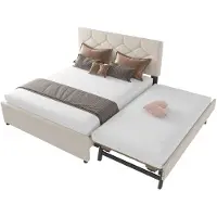 Xdovet Polsterbett,Hausbett,Doppelbett(Beige,140x200cm)Bett mit Lattenrost (ohne Matratze), Bett mit Rollcontainer, Samt, Minimalistisch