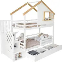 Xkiss Etagenbett, Holzbett, Kiefer + MDF, Aufbewahrungstreppen, raffiniertes kleines Hausdesign mit einem Fenster, Stauraum unter dem Bett