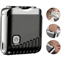 Slyrun Mini elektrische Rasiermesser, tragbar, doppeltköpfig, aus Legierung, wasserdicht, rotierend für tiefenreinigende Rasur, für Herren, in Schwarz