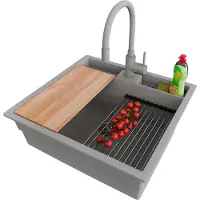 PrimaGran Unterbauspüle Granit Grau 56x54cm, Spülbecken 1 Becken + Ablauf-Set + Küchenzubehörset, Granitspüle ab 60er Unterschrank - Bergen Pocket
