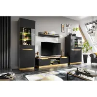 EURO-MEBLE Wohnwand FAME, Wohnzimmerset, Wohnzimmer, Wand, Regal, TV Wand ( SCHWARZ / GOLD )