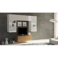 EURO-MEBLE Wohnwand CALABRINI-10 Wohnzimmer-Set Hängewohnwand Schrankwand mit LED-Beleuchtung TV-Schrank Vitrine Moderne Anbauwand Hochglanz (Weiß / Eiche Gold)