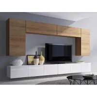 EURO-MEBLE Wohnwand CALABRINI-13 Hängewohnwand Set, 6-teilig, Weiß Hochglanz Modern, PVC-Furnier Spanplatte, grifflos, TV-Schränke (Eiche Gold - Weiß Hochglanz)