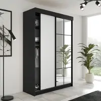 FURMEB24 2-türiger Schiebetürenschrank LAMER 138x205 cm Kleiderschrank mit Spiegel (schwarz + weiß)