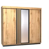 EURO-MEBLE Dreitüriger Kleiderschrank LAMELO LA19 mit Spiegel. Schiebetürenschrank, Stauraum [Eiche Wotan + Schwarz]