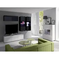 EURO-MEBLE Wohnzimmer-Set CALABRINI-6 Wohnwand Hängewohnwand Schrankwand mit LED-Beleuchtung TV-Schrank Vitrine Kommode Anbauwand Hochglanz (Schwarz + Weiß)