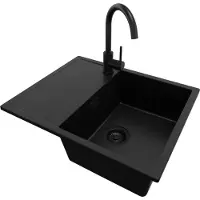 PrimaGran Granitspüle Alles Schwarz 62x50cm, Spülbecken 1 Becken + Küchenarmatur 32x20cm + Ablauf-Set, Küchenspüle ab 45er Unterschrank - Ibiza