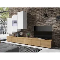 EURO-MEBLE Wohnwand CALABRINI-17 Wohnzimmer-Set Hängewohnwand Schrankwand mit LED-Beleuchtung TV-Schrank Vitrine Moderne Anbauwand Hochglanz (Weiß + Eiche Gold)