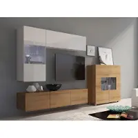 EURO-MEBLE Wohnzimmer-Set CALABRINI-3 Wohnwand Hängewohnwand Schrankwand mit LED-Beleuchtung TV-Schrank Vitrine Kommode Anbauwand Hochglanz (Weiß / Eiche Gold)