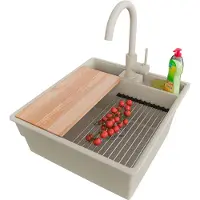 PrimaGran Granitspüle Beige 48x53cm, Spülbecken 1 Becken + Küchenarmatur 32x20cm + Ablauf-Set + Küchenzubehörset, Küchenspüle ab 50er Unterschrank - New York