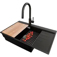PrimaGran Granitspüle Schwarz 78x50cm, Spülbecken 1 Becken + Küchenarmatur 40x20cm + Ablauf-Set + Küchenzubehörset, Küchenspüle ab 60er Unterschrank - Sydney