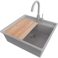 PrimaGran Granitspüle Grau 56x53cm, Spülbecken 1 Becken + Küchenarmatur 32x20cm + Ablauf-Set + Schneidebrett, Küchenspüle ab 60er Unterschrank - Bergen