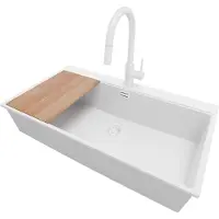 PrimaGran Granitspüle Alles Weiß 88x50cm, Spülbecken 1 Becken + Küchenarmatur 40x20cm + Ablauf-Set + Schneidebrett, Küchenspüle ab 90er Unterschrank - Oslo