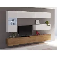 EURO-MEBLE Wohnwand CALABRINI-4 Wohnzimmer-Set Hängewohnwand Schrankwand mit LED-Beleuchtung TV-Schrank Vitrine Moderne Anbauwand Hochglanz (Weiß + Eiche Gold)