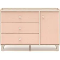 Petits-meubles Kommode Alycia mit 3 Schubladen und 1 Tür, Beige - Korallenrosa - Holzoptikeffekt, 120cm