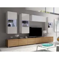 EURO-MEBLE Wohnwand CALABRINI-5 Wohnzimmer-Set Hängewohnwand Schrankwand mit LED-Beleuchtung TV-Schrank Vitrine Moderne Anbauwand Hochglanz (Weiß + Eiche Gold)