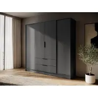 MOEBLO Kleiderschrank 4-türig mit Schubladen und Vitrine – moderner Schrank mit Riffelglas / Flutes Glas, viel Stauraum, 206 cm breit, Schlafzimmer Garderobenschrank - Sevia Graphit – mit glatten Türen