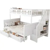 Xkiss Kinderbett 90*200/140*200cm, Etagenbett aus Massivholz mit Sicherheitstreppe, zwei großen Schubladen und Lattenrost, weiß