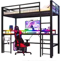 XTEILC Hochbett,Eisenrahmen, mit farbwechselnder LED-Lichtleiste, mit Schreibtisch, 1 USB-Anschluss + 1 Typ-C-Anschluss und 2 Steckdosen, mit Lochwand