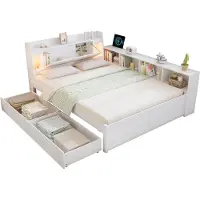 Xkiss Doppelbett,Paneelbett,140x200cm,Kopfteil mit Ablagefach+2 Leuchten, mit Ladebuchse,seitlichen Stauschränken und Schubladen,Kiefer+Spanplatte+MDF
