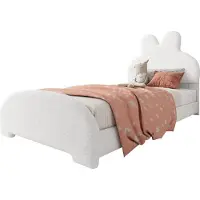 Xdovet Einzelbett Polsterbett, Bettkopf in Hasenohrenform, einfach, stilvoll und bequem, Cartoon niedlich Stil, Vliesimitat, Weiß