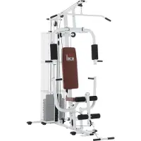 MEIYOU Gym Kraftstation / Fitnessstation – Multigym, inklusive Gewichten, Latzug, Beincurl, Metallgestell, PolyurethanKunstleder, Farbe: Weiß, Maße: 150 × 110 × 210 cm.