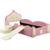 Xdovet Polsterbett,Crown Cartoon Bett,Mit Multi-Mode-LED-Streifen,Kinderbett mit kleiner Rutsche und Treppe,mit schützenden weichen Kanten,mit Holzlatten,PU