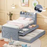 XTEILC Kinderbett, Einzelbett,Multifunktionales mit ausziehbarer Schublade Lattenrost, Nachttisch mit Ablagen mit USB-Buchs 90x190