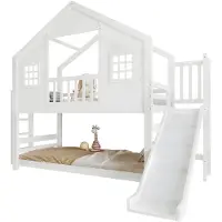 Xdovet Etagenbett mit Kinderrutsche, Kinderbett, Exquisites Fenster- und Dachdesign, Stabiler Lattenrost und Stufen, Kiefer + MDF+Sperrholz, Weiß, 90x200cm