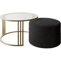 Lookway Couchtisch mit Hocker LORI GLASS gebürstetes Gold/transparentes Glas, Coral 60