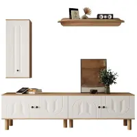 XTEILC Wohnwand, 3-tlg .bestehend aus: Highboard, Schränke, Wandboard. Weiße und hölzerne, geschnitzte Türpaneele