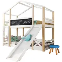 Xdovet Kinderbett Baumhaus mit Rutsche & Leiter 90 x 200 cm, Hochbett für Kinder– 2x Lattenrost- Natur & Wei