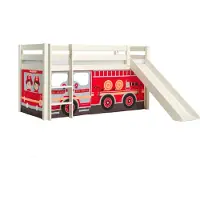 58 aufm Kessel Kinderbett mit Rutsche Karolina Massivholz Weiß Textilset Feuerwehr