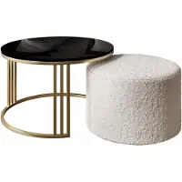 Lookway Couchtisch mit Hocker LORI Hochglanz Gold gebürstet/Schwarz glänzend, Coral 65