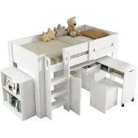 Xdovet Kinderhochbett,multifunktionales Kinderbett mit Leiter,Teleskopschreibtisch,mit herausnehmbarem Schrank,Regal,Schublade,Mit Stuhl inklusive PolyurethanKissen