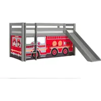 58 aufm Kessel Kinderbett mit Rutsche Karolina Massivholz Grau Textilset Feuerwehr