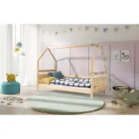 KEF-MEBLE KEF Kinderbett 80x190 cm Hausbett für Schlafzimmer Bodenbett aus Holz mit Lattenrost Jugendbett und Mädchenbett für Kinderzimmer Braun