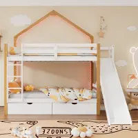 Xdovet Hausbett mit Laufschienen Dach Zwei Schubladen Etagenbett Kinderbett Kiefer+MDF Holzbett Weiß+Natur 90x200cm