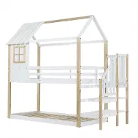 Xdovet Etagenbett, Bett mit Ecktreppe, Hausbett, Kinderbett mit Fallschutz und Gitter, mit Fenster, Einzigartiges Dachdesign, Kiefer+MDF