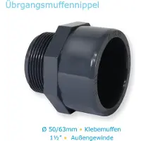 Paradies Pool PVC-U Fitting Übergangsnippel 63/50mm Muffe/Stutzen x 1 1/2" AG Verrohrung Pool