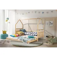 KEF-MEBLE KEF LILY Kinderbett 90x190 cm Hausbett für Zwei Kinder mit Lattenrost mit Rollen Bodenbett aus Holz mit Zwei Matratzen Jugendbett Kiefer
