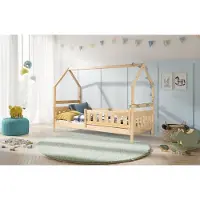 KEF-MEBLE KEF Kinderbett 90x180 cm Hausbett für Schlafzimmer Bodenbett aus Holz mit Lattenrost Babybett Floor Bed Naturbelassen