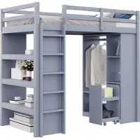 XTEILC Kinderhochbett,Jugendbett,Einzelbett(Grau)Mit Mehrstufigen Regalen,Einfachen Kleiderbügeln und Ablagefächern,Mit 1 Herausnehmbaren Organisationswagen