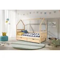 KEF-MEBLE KEF EMMA Kinderbett 80x170 cm Hausbett Zwei Kinder mit Lattenrost mit Rollen Bodenbett aus Holz mit Matratzen Jugendbett Naturbelassen