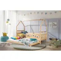 KEF-MEBLE KEF LILY Kinderbett 90x180 cm Hausbett für Zwei Kinder Bodenbett aus Holz Floor Bed Jugendbett mit Lattenrost mit Rollen Naturbelassen