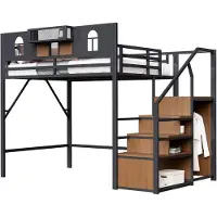 Xkiss Metall-Hochbett(140x200,Schwarz)mit Stauraumleiter,Fenster,Holzplatten,Einzigartige Erhöhte Umzäunung,Ablagefläche,Stabiler Metallrahmen