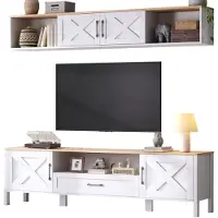 XTEILC TV Wohnwand-set (Komplett-Set, 2-St), TV-Ständer + Hängende Vitrine, Mediawand set, TV Wohnzimmermöbel-Set mit 4 Schränke +1 Schublade,TV-Schrank set
