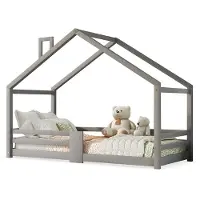 Xdovet Kinderbett mit Schornstein Rausfallschutz Robuste Lattenroste Bodenbett Hausbett 90x200cm Grau